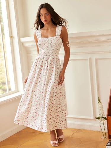 CIDER Womens Floral Summer Dresses Square Neck Sleeveless Midi A Line Casual Sundress Pink
