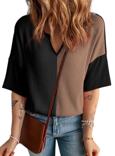 Dokotoo Womens Tops Loose Plus Size Shirts for Women Black Waffle Knit Tops 2026 Fashion Summer Trendy Color Block V Neck Casual Quilted Patchwork Pullover Top Ladies Shirts Medium