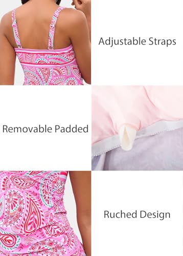 ROSEWE Womens Tummy Control Tankini Bathing Suits, Two Piece Ruched Swimsuits, Floral Print Swimdress with Skirt