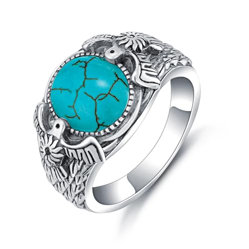 DOLIOX 925 Sterling Silver Real Turquoise Thunderbird Ring for Men 11x9 mm Gemstone Eagle Sun Native American Rings Vintage Jewelry for Man Size 11