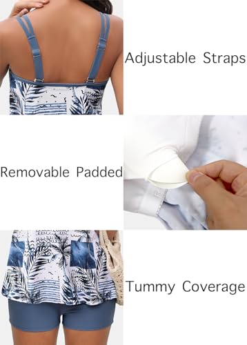 ROSEWE 2025 Tankini Swimsuits for Women, Two Piece Bathing Suits with Shorts, Modest Tank Top Swim Dress Dusty Blue