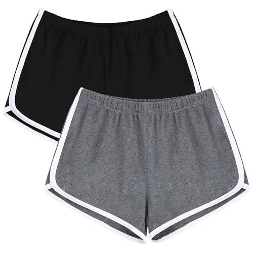 URATOT Women's Cotton Shorts Gym Shorts Yoga Shorts Summer Running Active Shorts Dance, Pack of 2 Black, Dark Grey