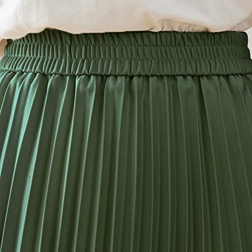 Basoteeuo Green Pleated Skirt for Women Midi Length Summer High Waisted A Line Elastic Waist Skirts S