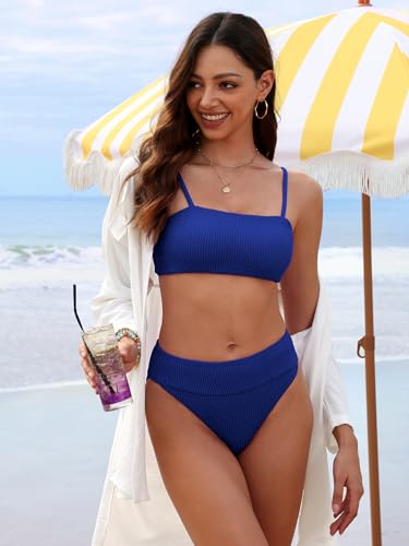 ANRABESS High Waisted Bikini Sets for Women Tummy Control 2 Piece Swimsuits Ribbed Textured Bathing Suits Beach Swimwear Royal Blue Large