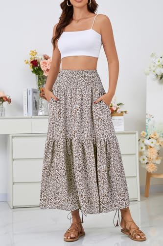 PRSFPN Women's Boho Maxi Skirt Floral Printed Smocked High Waist Long Skirts with Pockets Flowy Ruffle A-Line Summer Beach (Khaki Floral, Small)