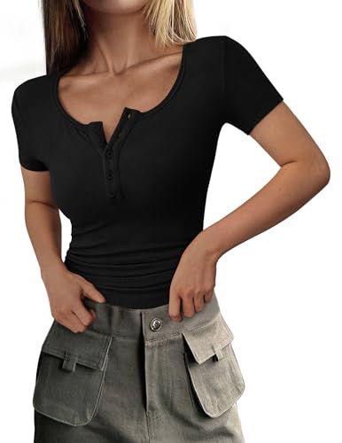 PRETTYGARDEN Womens 2026 Summer Short Sleeve Tops Ribbed Henley Button Slim Fit Basic Casual T Shirts Blouse Fashion Clothing (Black,Small)