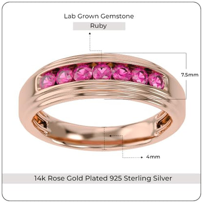 Men's Wedding Band Ring 2.7mm Round Cut Ruby Lab Grown Gemstone Channel Set 7-Stone Engagement Rings In 14K Rose Gold Plated 925 Sterling Silver Size 8