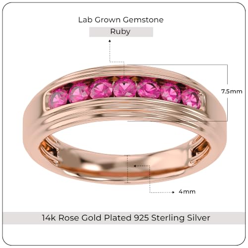 Men's Wedding Band Ring 2.7mm Round Cut Ruby Lab Grown Gemstone Channel Set 7-Stone Engagement Rings In 14K Rose Gold Plated 925 Sterling Silver Size 8