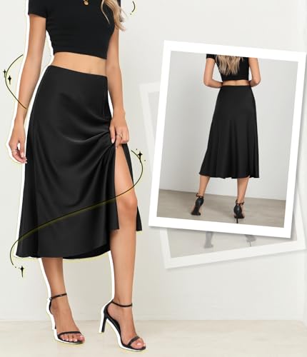 Women's Side Slit A Line Satin Midi Skirt Elastic High Waisted Cheetah Leopard Print Silk Long Skirts for Women