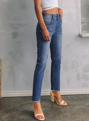 Sidefeel Women's High Waisted Tummy Control Jeans Trendy 2025 Straight Leg Raw Hem Denim Pants Sky Blue Size 18