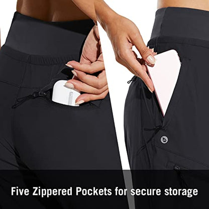 baleaf Women's Joggers Lightweight Hiking Pants High Waist 5 Zipper Pockets Quick Dry Travel Athletic UPF50+ Black M
