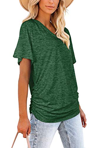 WIHOLL Womens Summer Tops Dolman Short Sleeve V Neck T Shirts Spring Tops Business Casual Outfits Vacation Loose Fit Tshirts Fashion Clothing Solid Color Green L