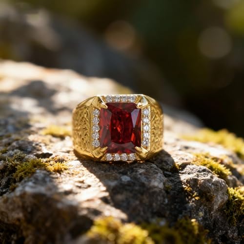 PEIMKO Red Ruby Ring for Men 14K Gold Plated in Sterling Silver Celtic Knot Red Ruby Wedding Band Ring Size 7