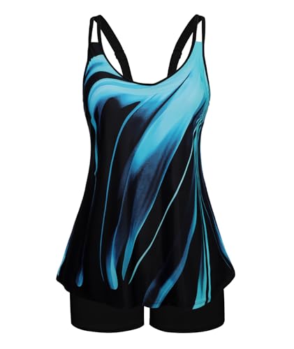 Arolina Womens Swimsuits Tummy Control Printed Tankini Sets High Waist Blue Oblique Stripes Swimwear with Shorts X-Large