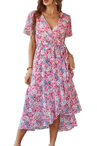 PRETTYGARDEN Women's Summer Floral Boho Dress Wrap V Neck Short Sleeve Ruffle A-Line Flowy Maxi Wedding Guest Dresses (Pink Floral,Large)