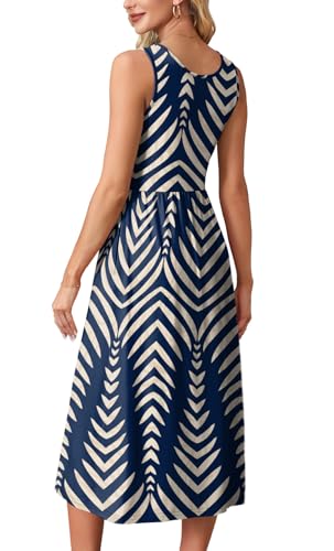 WIHOLL Casual Summer Dresses for Women 2025 Sleeveless Flowy Spring Sun Dress Beach Vacation Hawaiian Sundresses Long Maternity Maxi Midi Dresses for Women Seniors 2026 Navy Stripe M