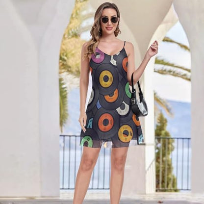 Women's Vinyl Records Print Summer Dress - Sleeveless Halter Sundress with Pockets