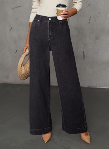 Dokotoo Womens Casual High Waisted Jeans for Women Straight Wide Leg Loose Stretch Denim Pants Black Size 6