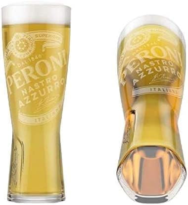 Peroni Nastro Azzurra Italian Beer Glass, Clear Crystal, Curved Pilsner Shape, Premium Branded Bar Glassware - 0.4 Liter - Set of 2-2025 Edition