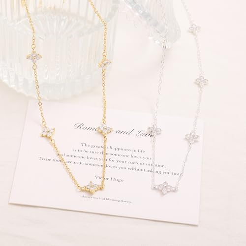 CUEZIY Dainty 14K Gold Plated Necklaces for Women Station Choker Cubic Zirconia Simulated Necklace Simple Cute Layering CZ Necklace Trendy Simple Jewelry Gifts