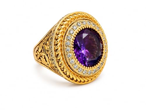 Avya Creation 8.00 Carat Lab Created Amethyst Men's Bishop Ring 14K Yellow Gold Plated 925 Sterling Silver Round Cut Purple Gemstone Statement Ring for Men (9)