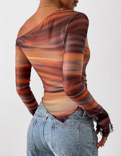 PRETTYGARDEN Womens Fall Trendy Off Shoulder Y2k Tops 2026 Tie Dye Mesh Long Sleeve Shirts Asymmetrical Ruched Floral Blouse (Floral Brown,Medium)