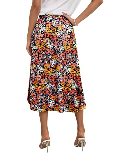 Angerella Womens' Casual Chiffon Midi Skirt with Pockets Floral Print Pleated High Waist Knee Length Skirt(Orange,M)