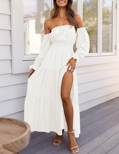 ZESICA Women's Boho Off Shoulder Spring Long Sleeve Dress 2026 High Waist Side Split Sexy Flowy A Line Long Maxi Dresses White Medium