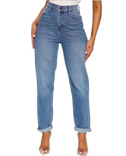 Mom Jeans - SheKiss Boyfriend Stretchy Jeans for Women Distressed Frayed High Waisted Trendy Denim Blue Jeans Blue Jeggings for Women 767