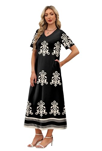 WIHOLL Dresses for Women 2026 Vacation Casual Maxi Summer Dress V Neck Cruise Outfits for Women Bohemia XL