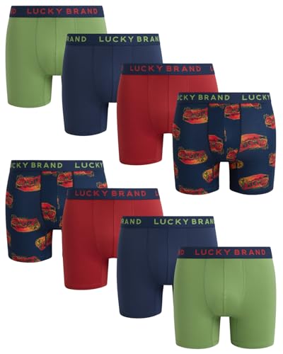 Lucky Brand Mens Boxer Briefs - 8 Pack 6'' Inseam Stretch Performance Tag Free Mens Underwear Boxer with Contour Pouch, Size X-Large, Mood Indigo/Red Ochre/Print/Piquant Green