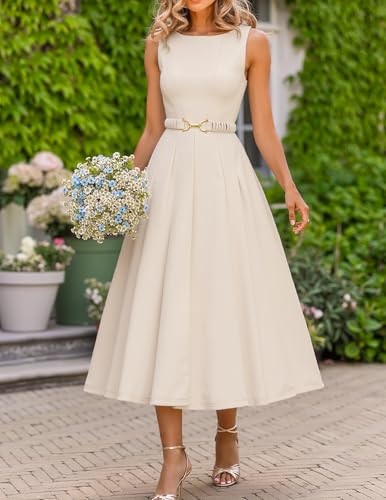 ZESICA Women Summer Sleeveless Midi Dresses 2026 Elegant Boat Neck A Line Tie Waist Spring Cocktail Party Dress Apricot Small