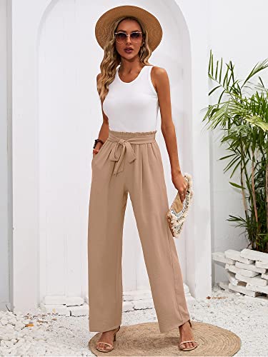 Heymoments Women's Wide Leg Lounge Pants with Pockets Khaki Medium Lightweight High Waisted Adjustable Tie Knot Loose Comfy Casual Trousers
