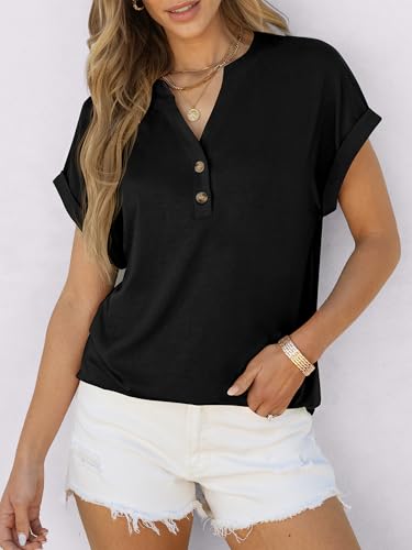 ANRABESS Womens Short Sleeve Henley Tops V Neck Dressy Casual Blouses Summer Trendy Tee Shirts 2026 Vacation Fashion Clothes Black L