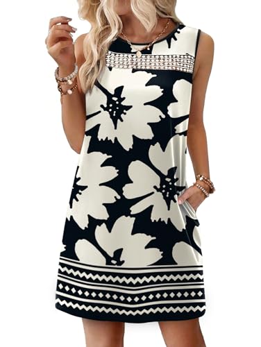 WIHOLL Spring Dresses for Women 2026 Loose Fit Ladies Dress Sleeveless Lace Sundresses with Pockets Summer Vacation Outfits Teacher School Easter Dresses Black Floral XL