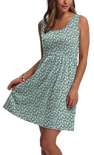 WIHOLL Summer Dresses for Women 2026 Sleeveless Spring Break Essentials Dresses for Women Casual Cute Beach Vacation Clothes Fashion Floral Dress Sundresses with Pockets Womens Sun Dress Green M