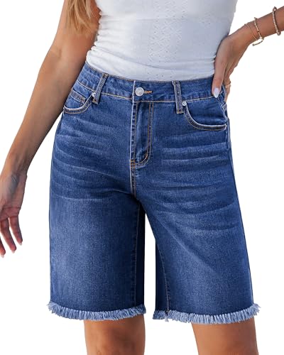 luvamia Womens Bermuda Shorts with Pockets Summer Shorts for Women Trendy Knee Length Short Women Jorts Classic Blue Size Medium Fits US 8-10