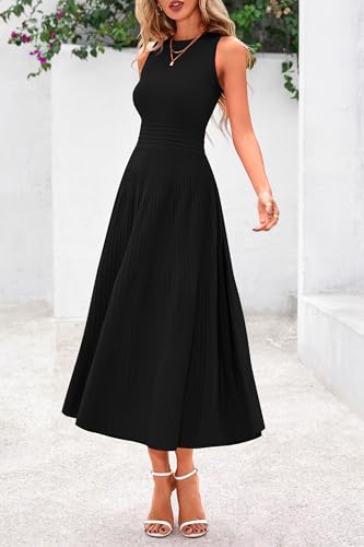PRETTYGARDEN Spring Casual Dresses for Women 2026 Summer Business Work Midi Sleeveless A Line Pleated Cocktail Dress(Black,Small)