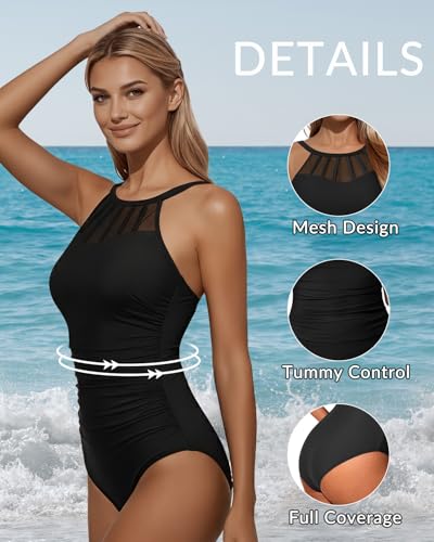 Holipick Black Women Tummy Control One Piece Swimsuit Modest Bathing Suit Full Coverage High Neck Swimwear M