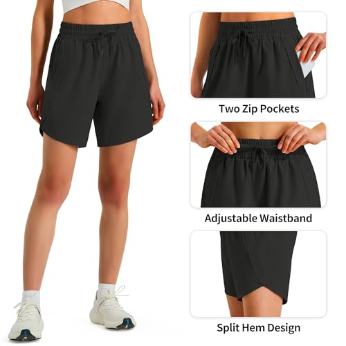 Ksmien Women's 5"/ 7" Athletic Running Shorts Quick Dry Lightweight Workout Gym Shorts with Zipper Pockets UPF 50+ Black