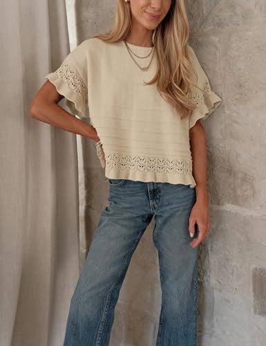 Yeokou Womens Short Sleeve Sweater Round Neck Ruffled Hem Knit Crochet Pullover Summer Fall Casual Top Blouse(Khaki-M)
