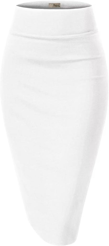 Women's High Waist Pencil Skirt - Premium Stretch Ponte Business Professional Below Knee 1073t-white