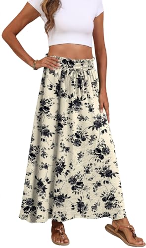 Askyes Womens Maxi Skirts Elastic High Waisted Casual Floral Flowy Wedding Guest Long Skirts with Pockets,XL