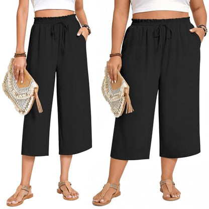 Anyhold Womens Plus Size Capri Pants Loose High Waisted Wide Leg Lounge Pants Drawstring Casual Palazzo Trousers with Pockets 2X-Large, Black