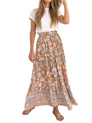 ZESICA Women's 2026 Summer Bohemian Floral Printed Elastic Waist A Line Maxi Skirt with Pockets Clay Medium