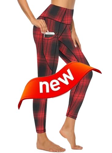 American Flag Pants - QIVICIMA Womens High Waist Workout Leggings Halloween Christmas Gym Plaid Printed Tummy Control Yoga Pants with Pockets Plaid Red Black