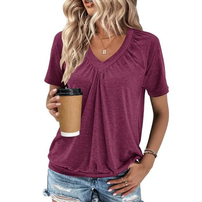 2 Pack Summer Tops for Women V Neck Shorts Sleeve Casual Ruched Tops Women T Shirts Clothes Trendy 2026