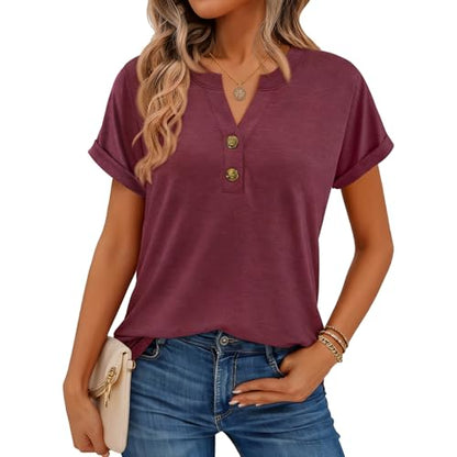 Women Tops 2 Pack Shorts Sleeve Shirts V Neck Henley Tops Spring Summer Trendy Casual Blouses Vacation Women Clothes 2026