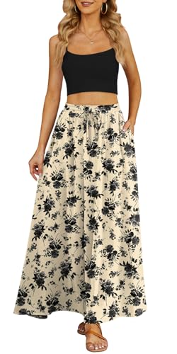 Yincro Women's Flowy Maxi Skirt Summer Pleated High Waisted Casual Long Skirts with Pockets (Black Flower Light Beige, XL)