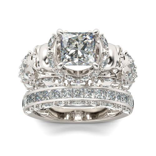 Jeulia Skull Engagement Ring Sets Sterling Silver Promise Eternity Band Rings Diamond Princess Cut with Cubic Zirconia Wedding Engagement Anniversary Promise Rings Bridal Sets (9.5(U.S))
